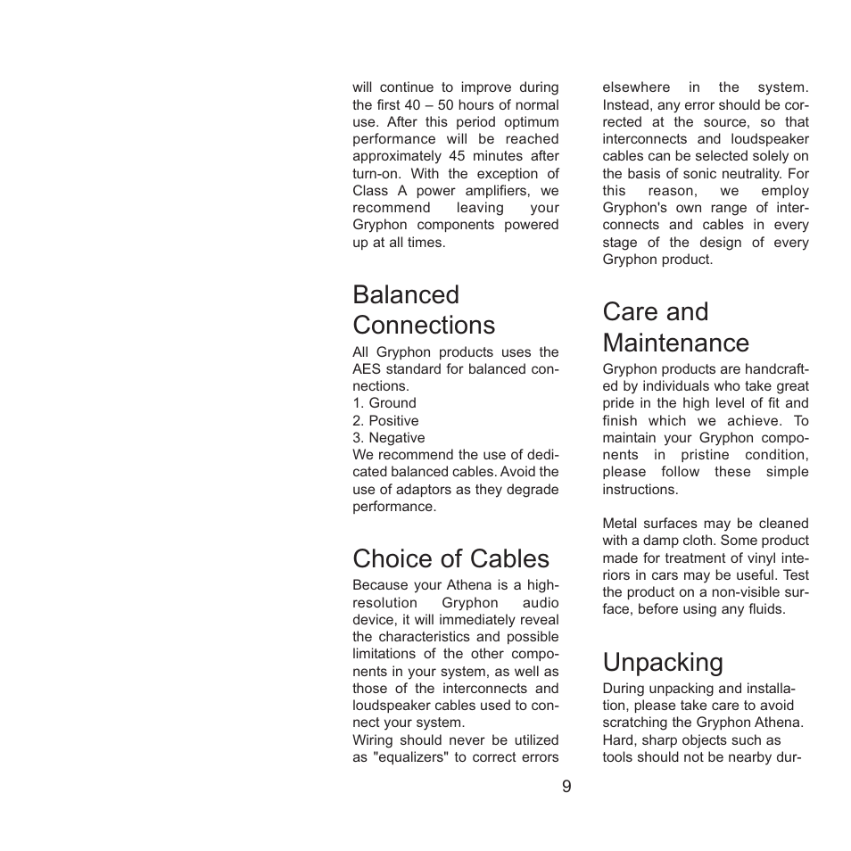 Balanced connections, Choice of cables, Care and maintenance | Unpacking | Gryphon Athena User Manual | Page 9 / 17