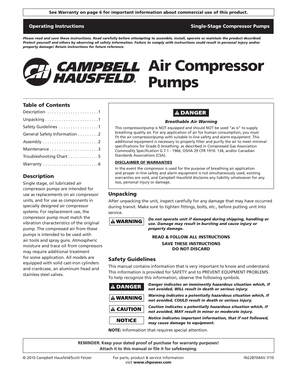 Campbell Hausfeld IN228704AV User Manual | 24 pages