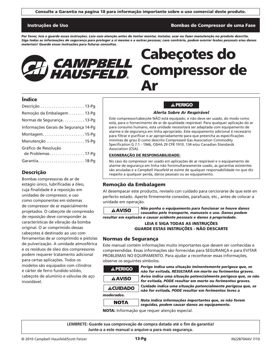 Cabeçotes do compressor de ar | Campbell Hausfeld IN228704AV User Manual | Page 13 / 24