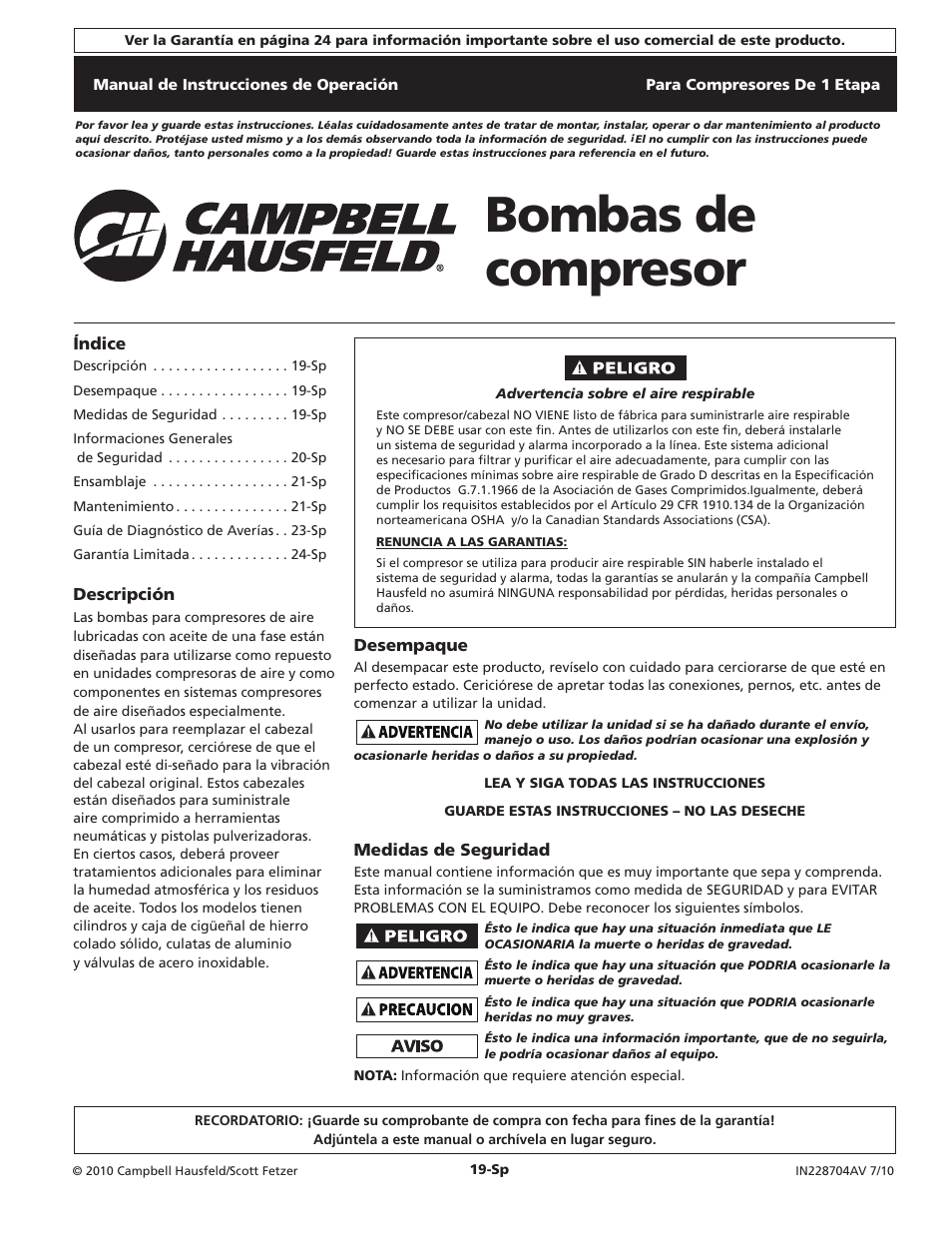 Bombas de compresor | Campbell Hausfeld IN228704AV User Manual | Page 19 / 24