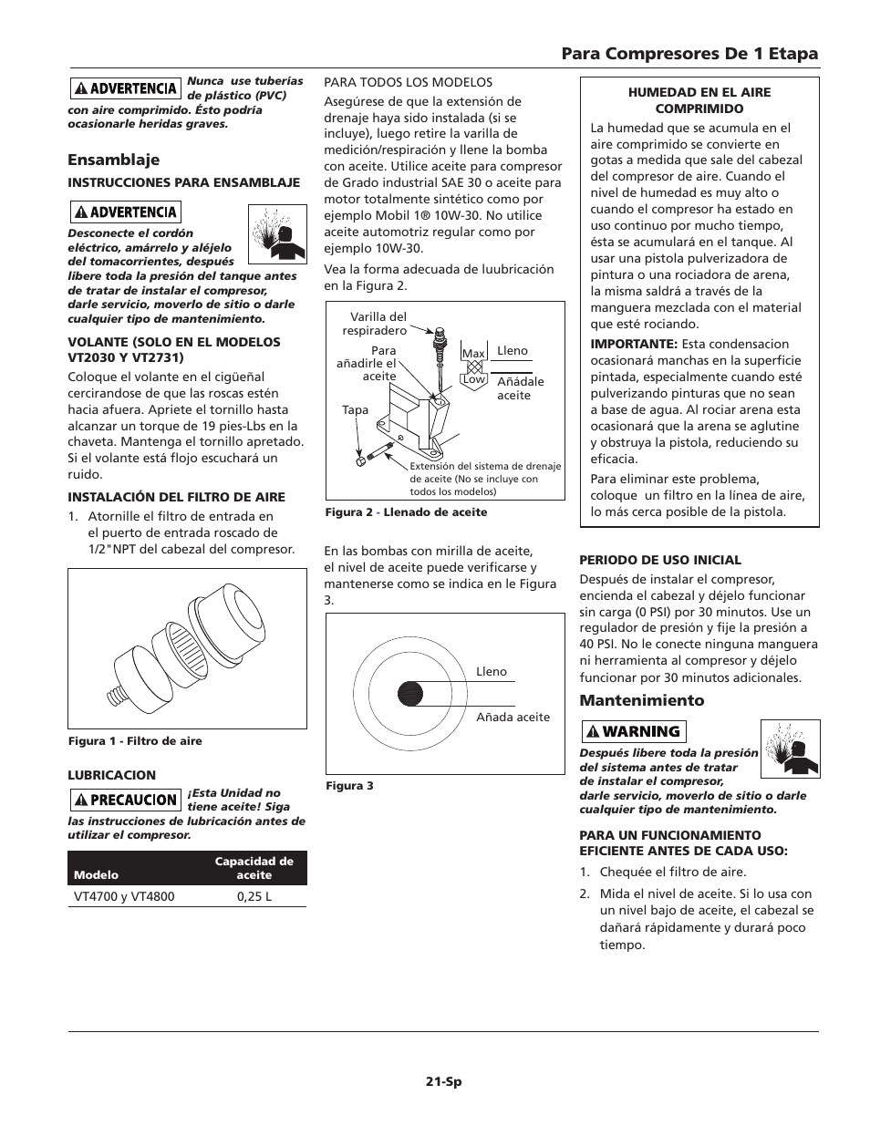 Para compresores de 1 etapa, Mantenimiento, Ensamblaje | Campbell Hausfeld IN228704AV User Manual | Page 21 / 24