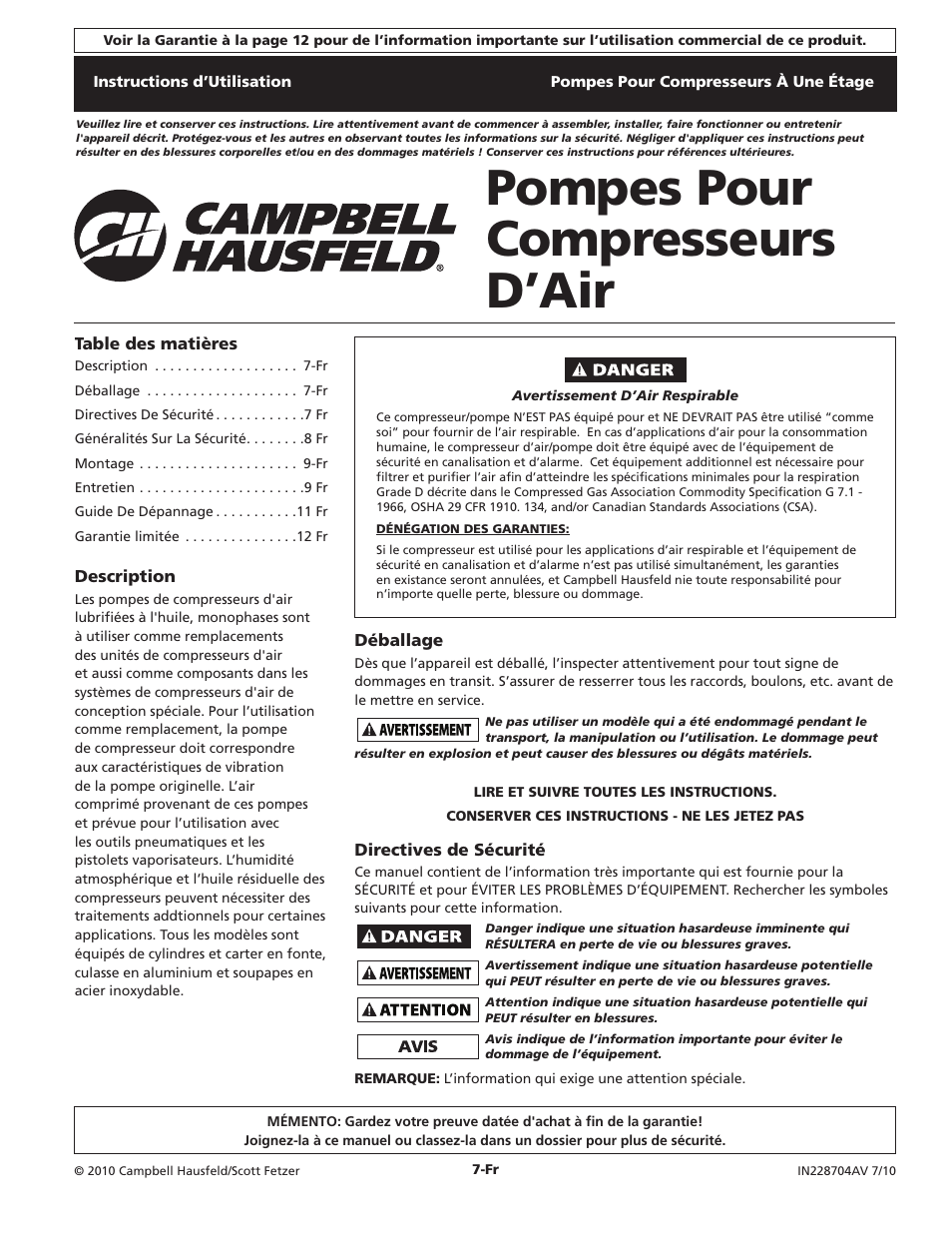 Pompes pour compresseurs d’air | Campbell Hausfeld IN228704AV User Manual | Page 7 / 24