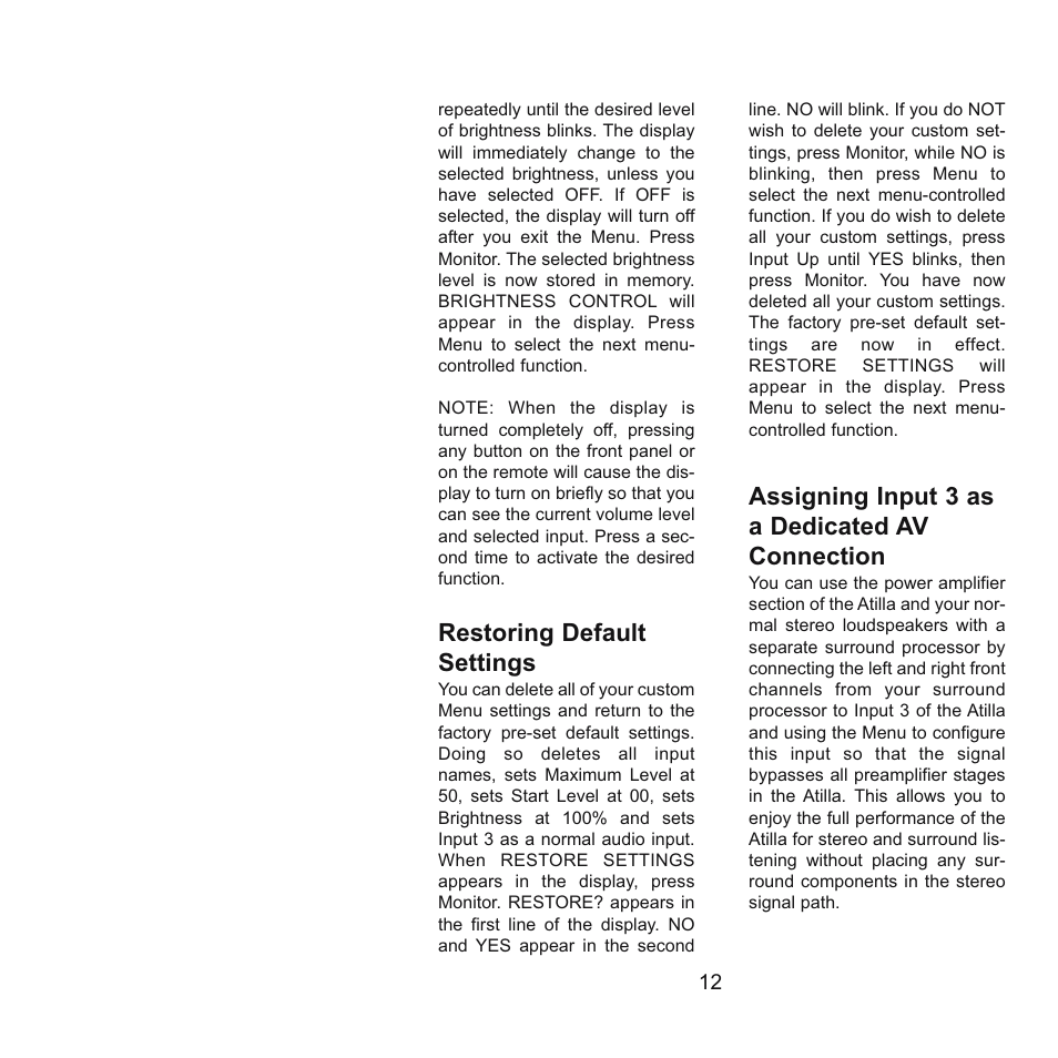 Restoring default settings, Assigning input 3 as a dedicated av connection | Gryphon Atilla User Manual | Page 12 / 18