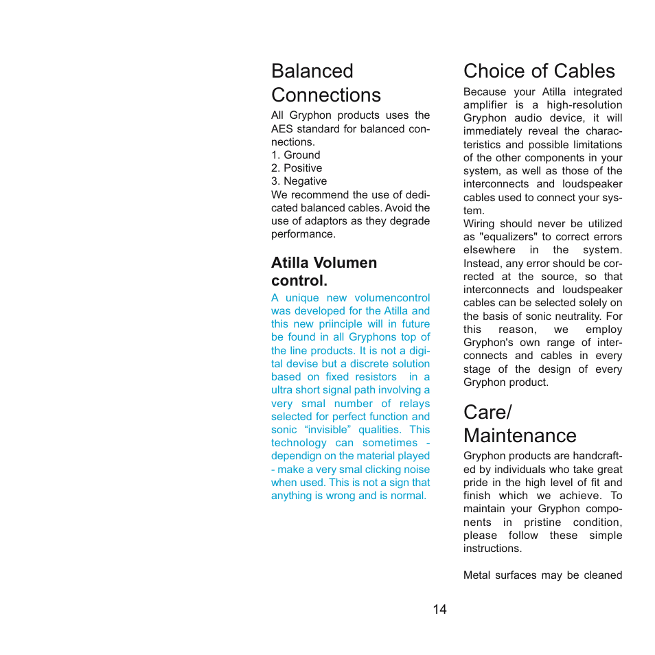 Balanced connections, Choice of cables, Care/ maintenance | Gryphon Atilla User Manual | Page 14 / 18