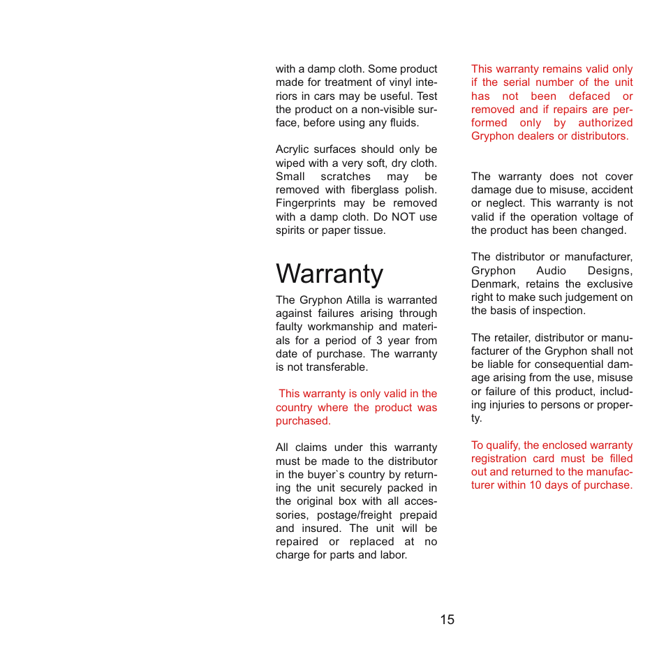 Warranty | Gryphon Atilla User Manual | Page 15 / 18