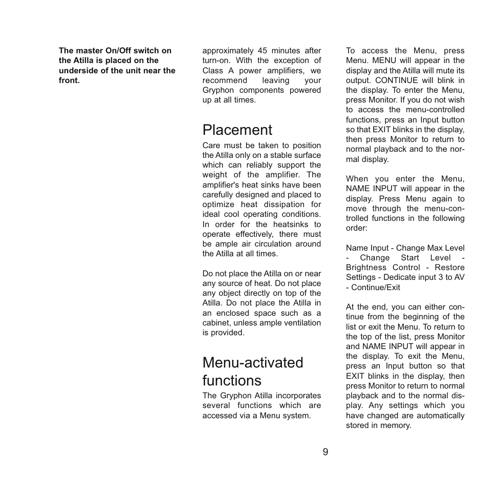 Placement, Menu-activated functions | Gryphon Atilla User Manual | Page 9 / 18