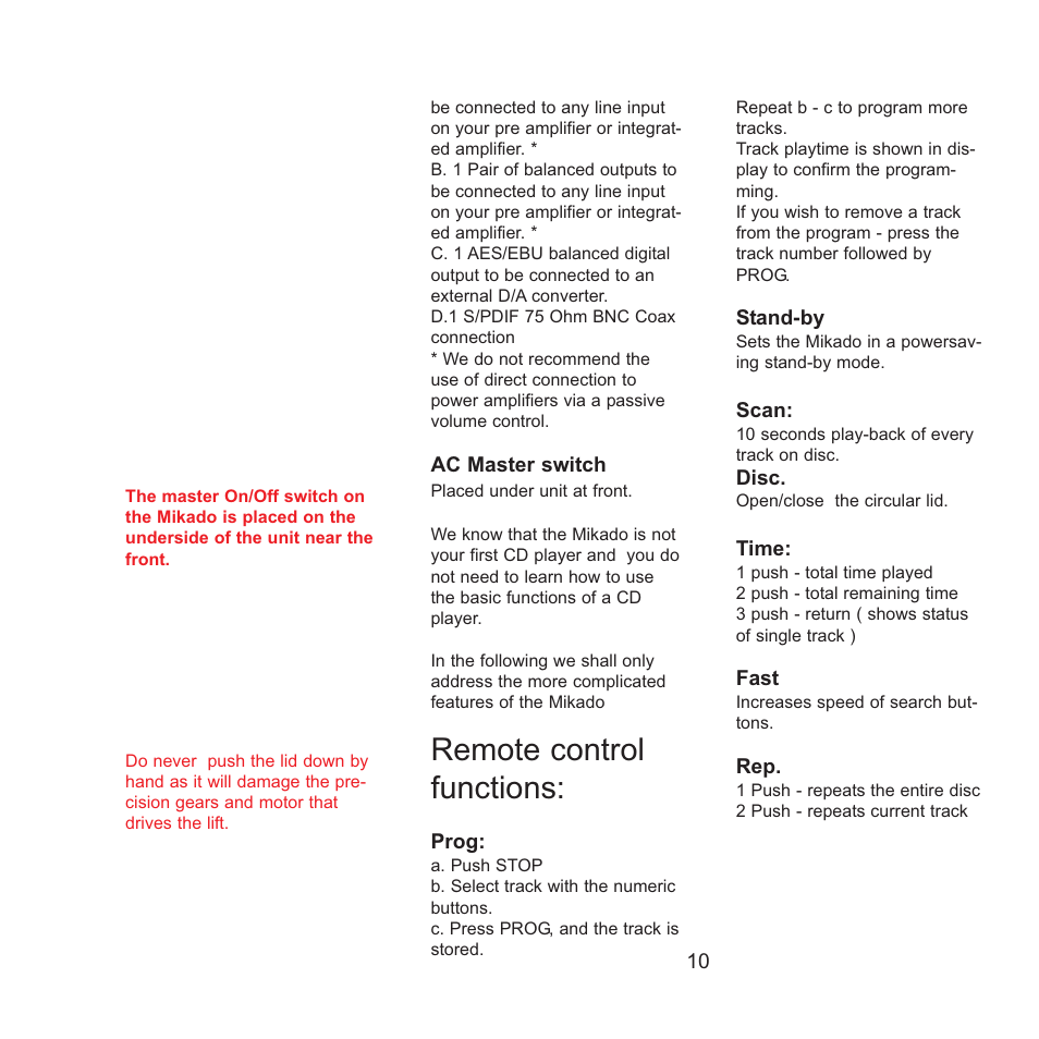 Remote control functions | Gryphon Mikado Signature User Manual | Page 10 / 12