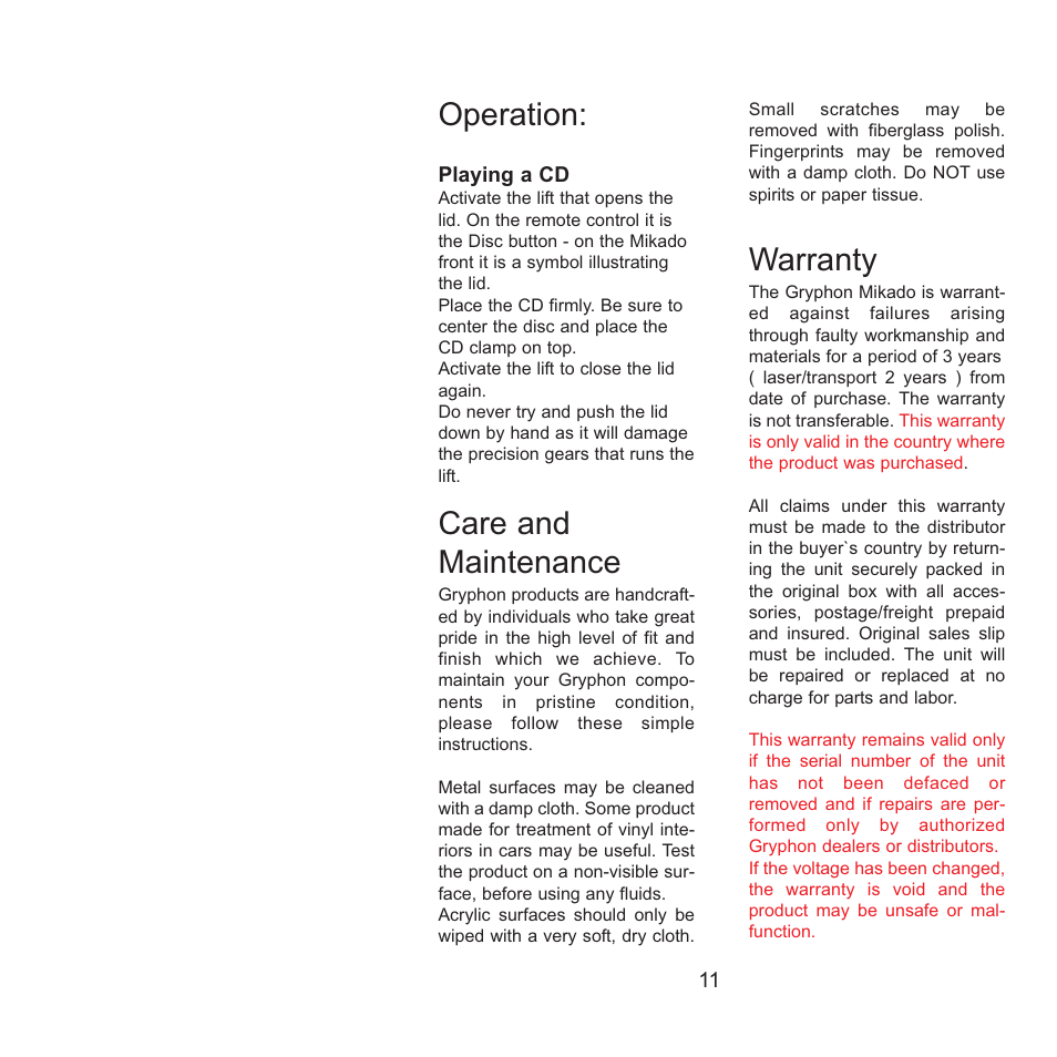 Operation, Care and maintenance, Warranty | Gryphon Mikado Signature User Manual | Page 11 / 12