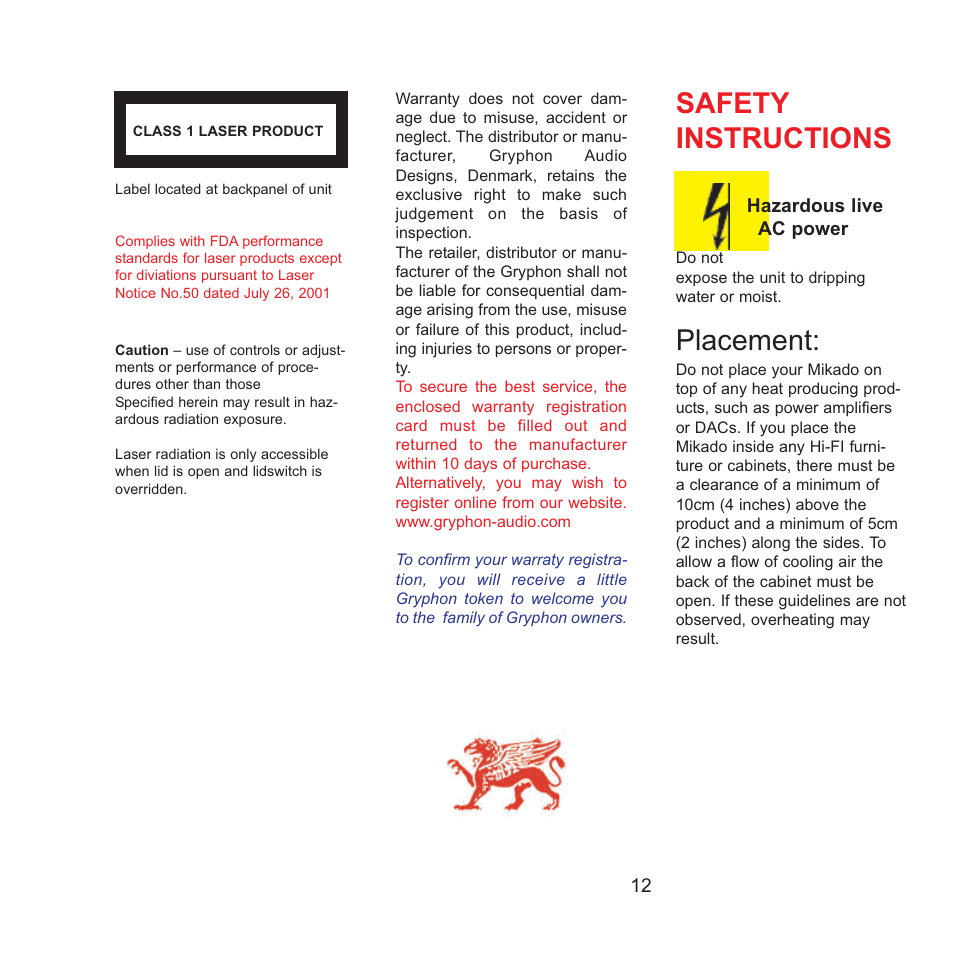 Safety instructions, Placement | Gryphon Mikado Signature User Manual | Page 12 / 12