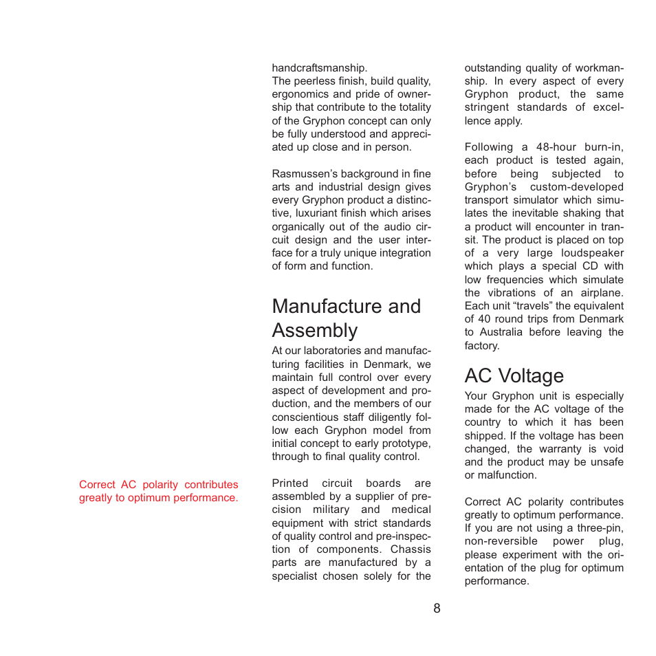 Manufacture and assembly, Ac voltage | Gryphon Mikado Signature User Manual | Page 8 / 12