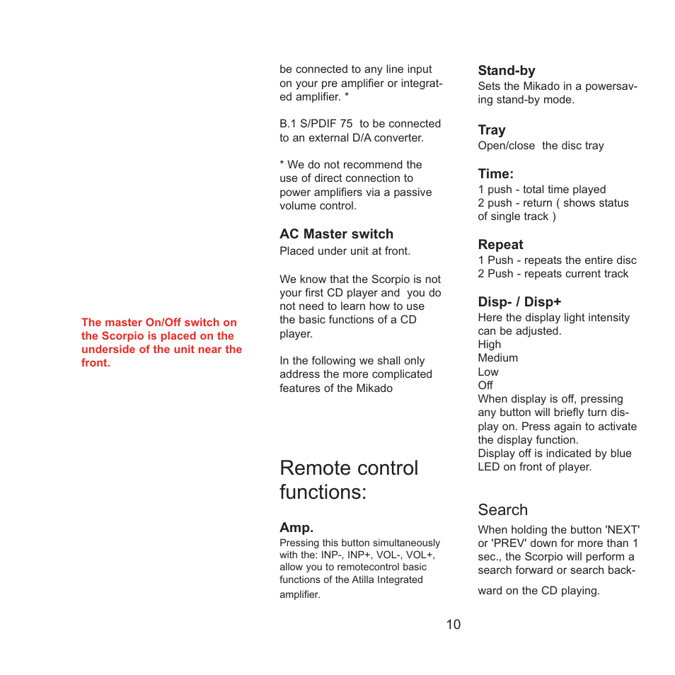 Remote control functions, Search | Gryphon Scorpio User Manual | Page 10 / 12