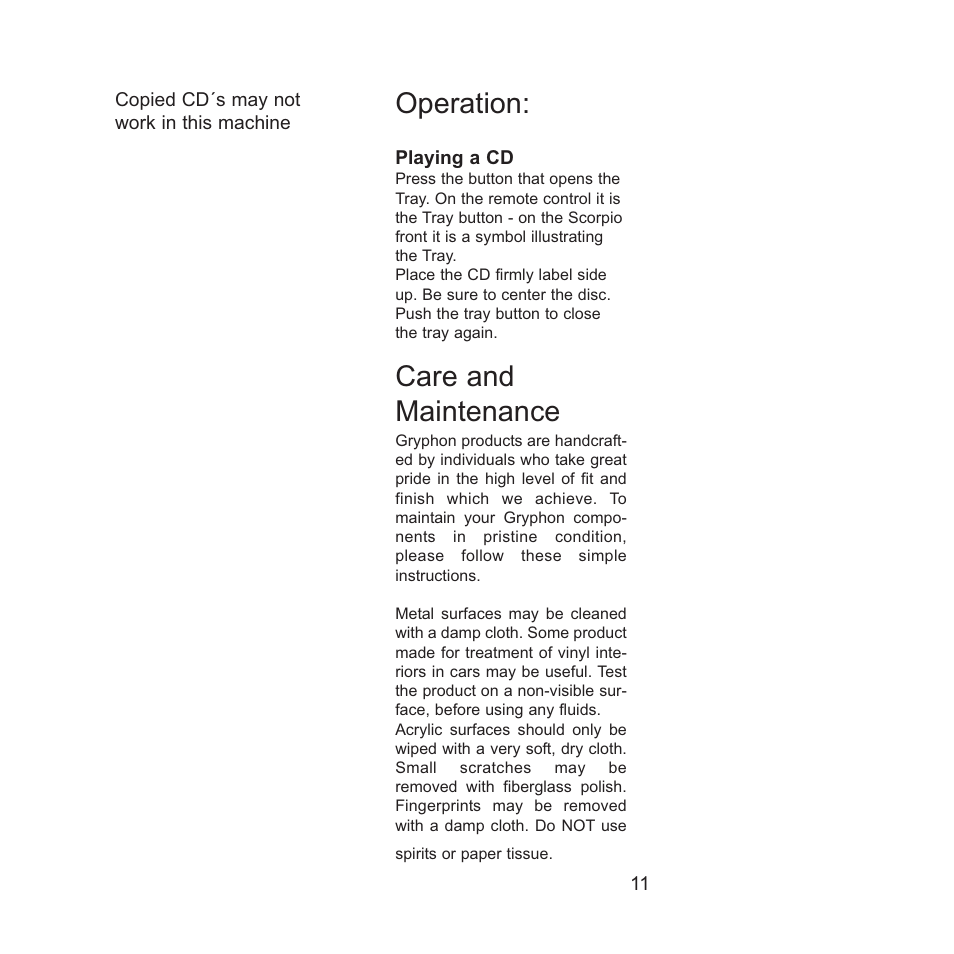 Operation, Care and maintenance | Gryphon Scorpio User Manual | Page 11 / 12