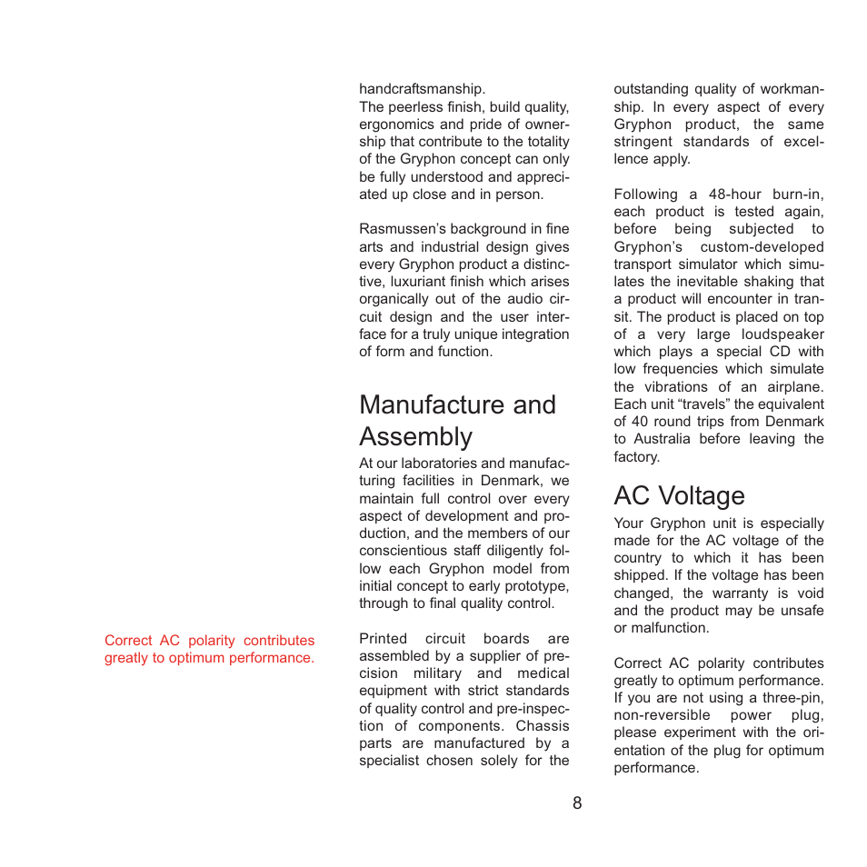 Manufacture and assembly, Ac voltage | Gryphon Scorpio User Manual | Page 8 / 12