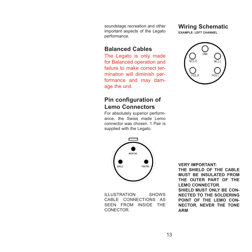 Balanced cables, Pin configuration of lemo connectors, Wiring schematic | Gryphon Legato Legacy User Manual | Page 13 / 17