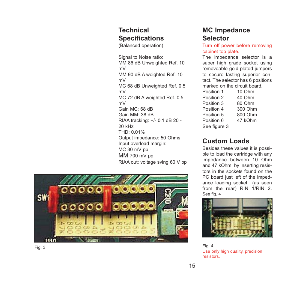 Technical specifications, Mc impedance selector, Custom loads | Gryphon Legato Legacy User Manual | Page 15 / 17