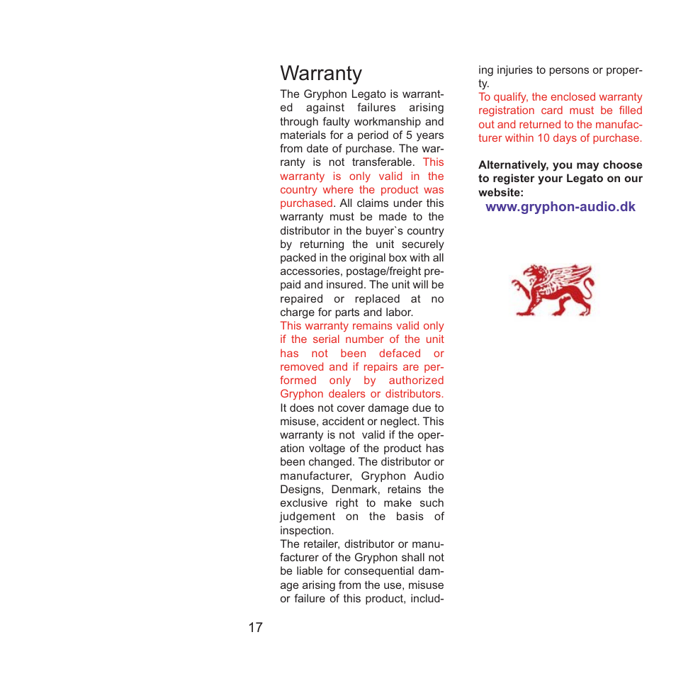 Warranty | Gryphon Legato Legacy User Manual | Page 17 / 17
