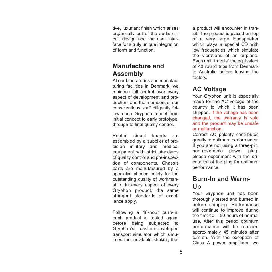 Manufacture and assembly, Ac voltage, Burn-in and warm- up | Gryphon Legato Legacy User Manual | Page 8 / 17