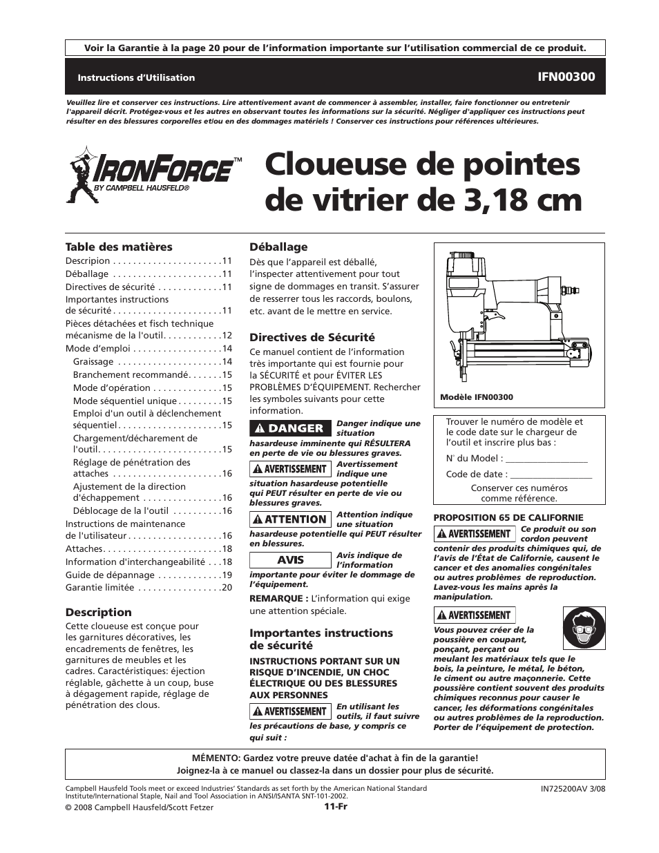 Cloueuse de pointes de vitrier de 3,18 cm | Campbell Hausfeld IFN00300 User Manual | Page 11 / 32