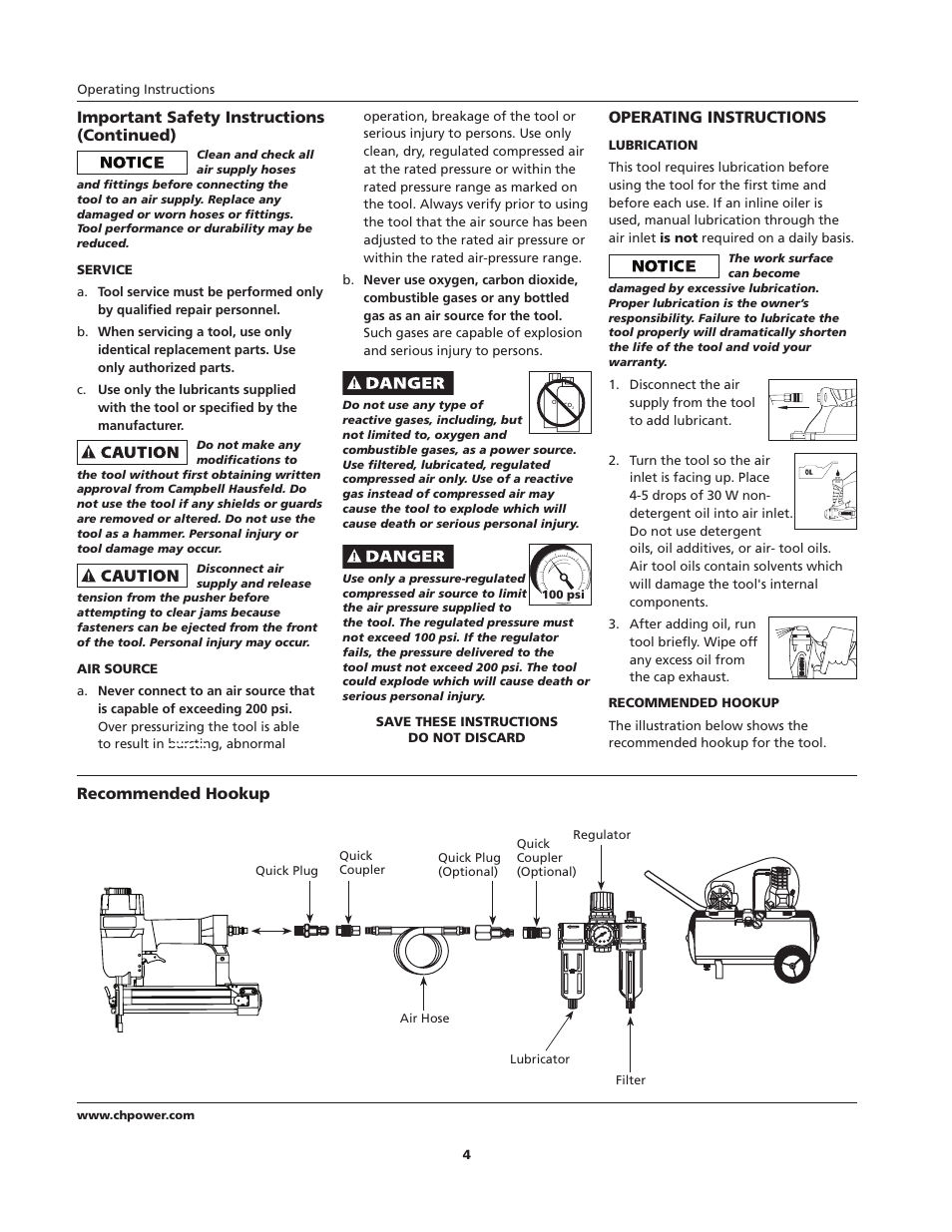 Important safety instructions (continued), Operating instructions, Recommended hookup | Campbell Hausfeld IFN00300 User Manual | Page 4 / 32