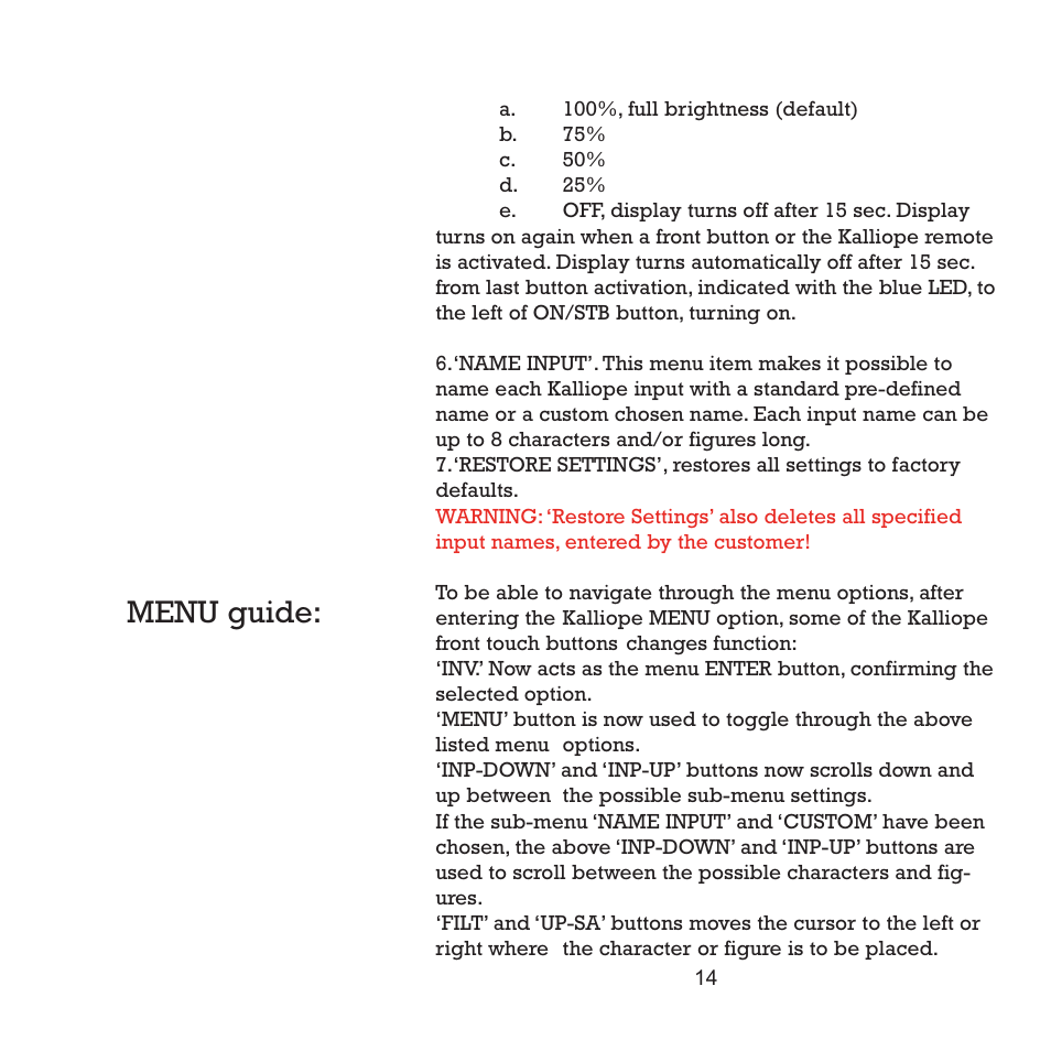 Menu guide | Gryphon Kalliope User Manual | Page 14 / 18