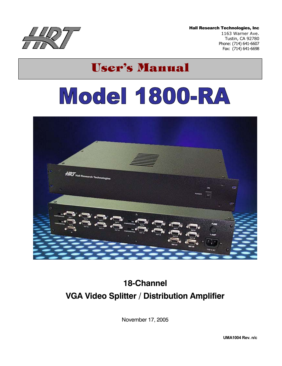 Hall Research 1800-RA User Manual | 4 pages