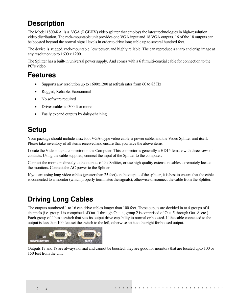 Description, Features, Setup | Driving long cables | Hall Research 1800-RA User Manual | Page 2 / 4