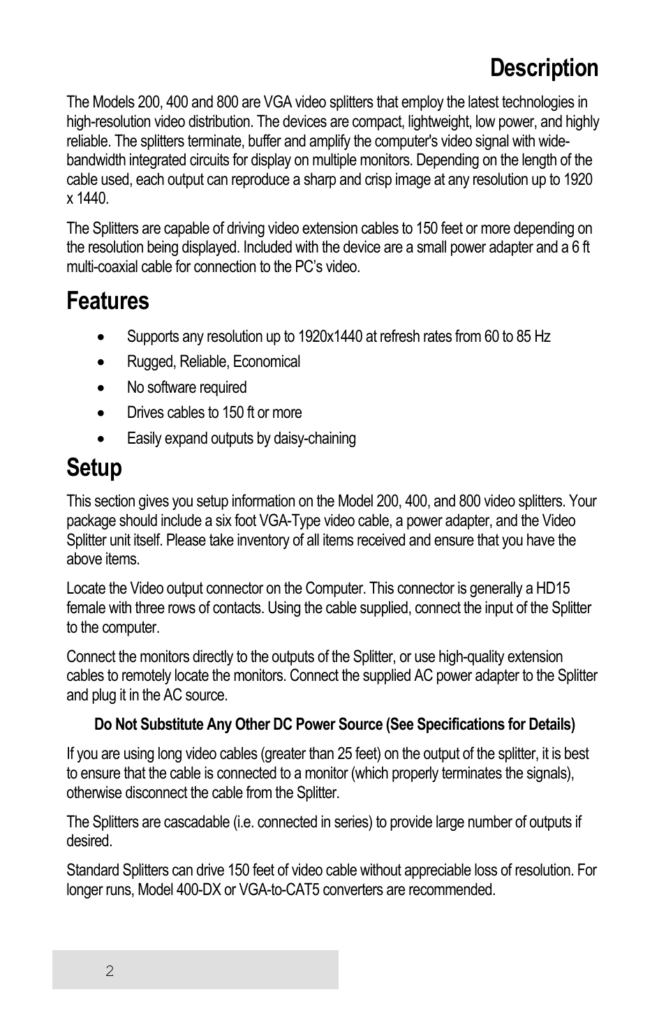 Description, Features, Setup | Hall Research 400 User Manual | Page 2 / 4