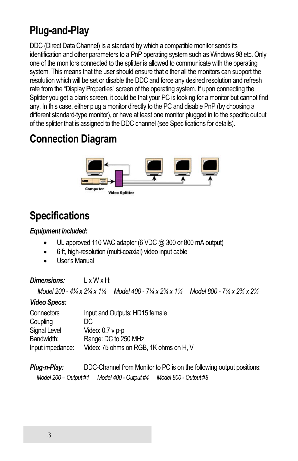Plug-and-play, Connection diagram, Specifications | Hall Research 400 User Manual | Page 3 / 4