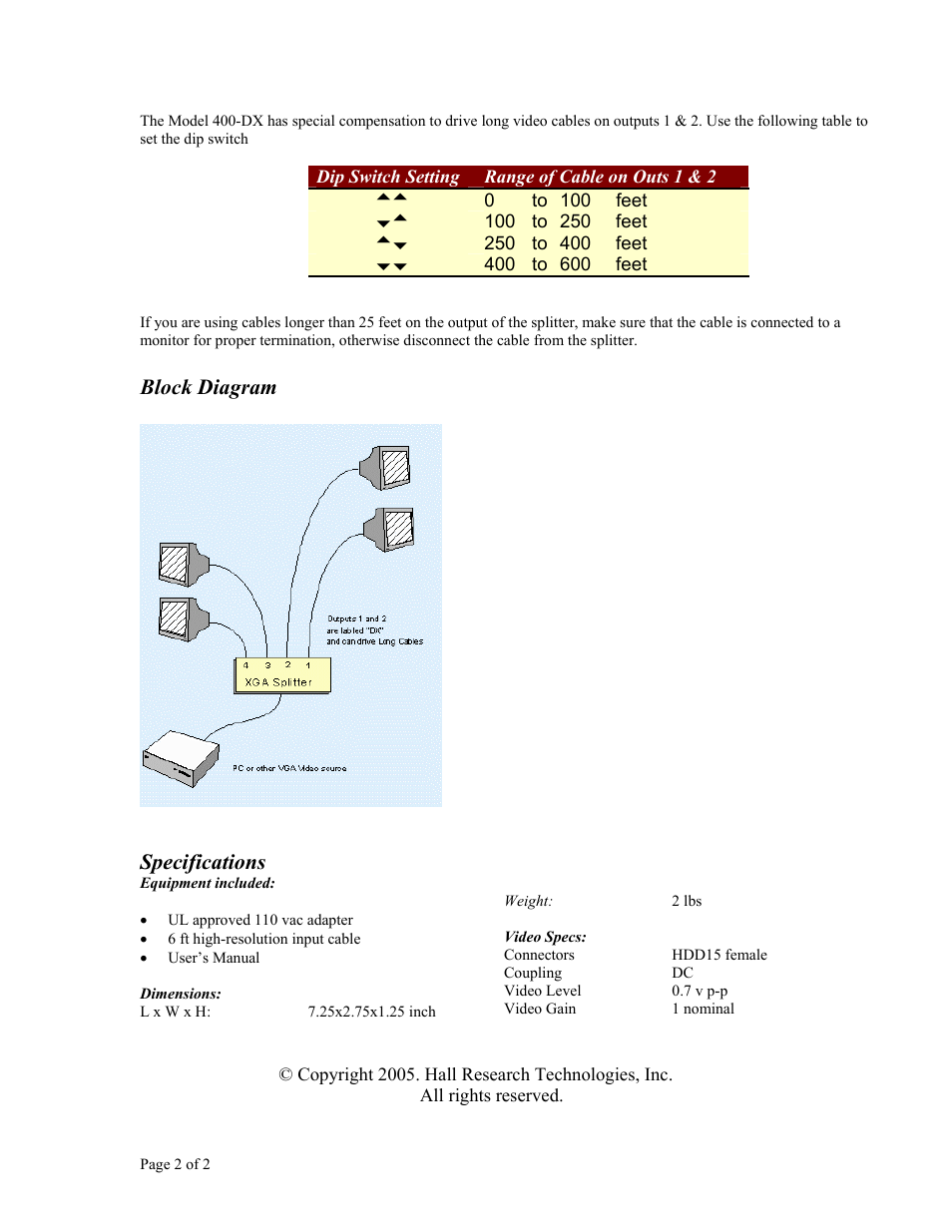 Block diagram, Specifications | Hall Research 400-DX User Manual | Page 2 / 2