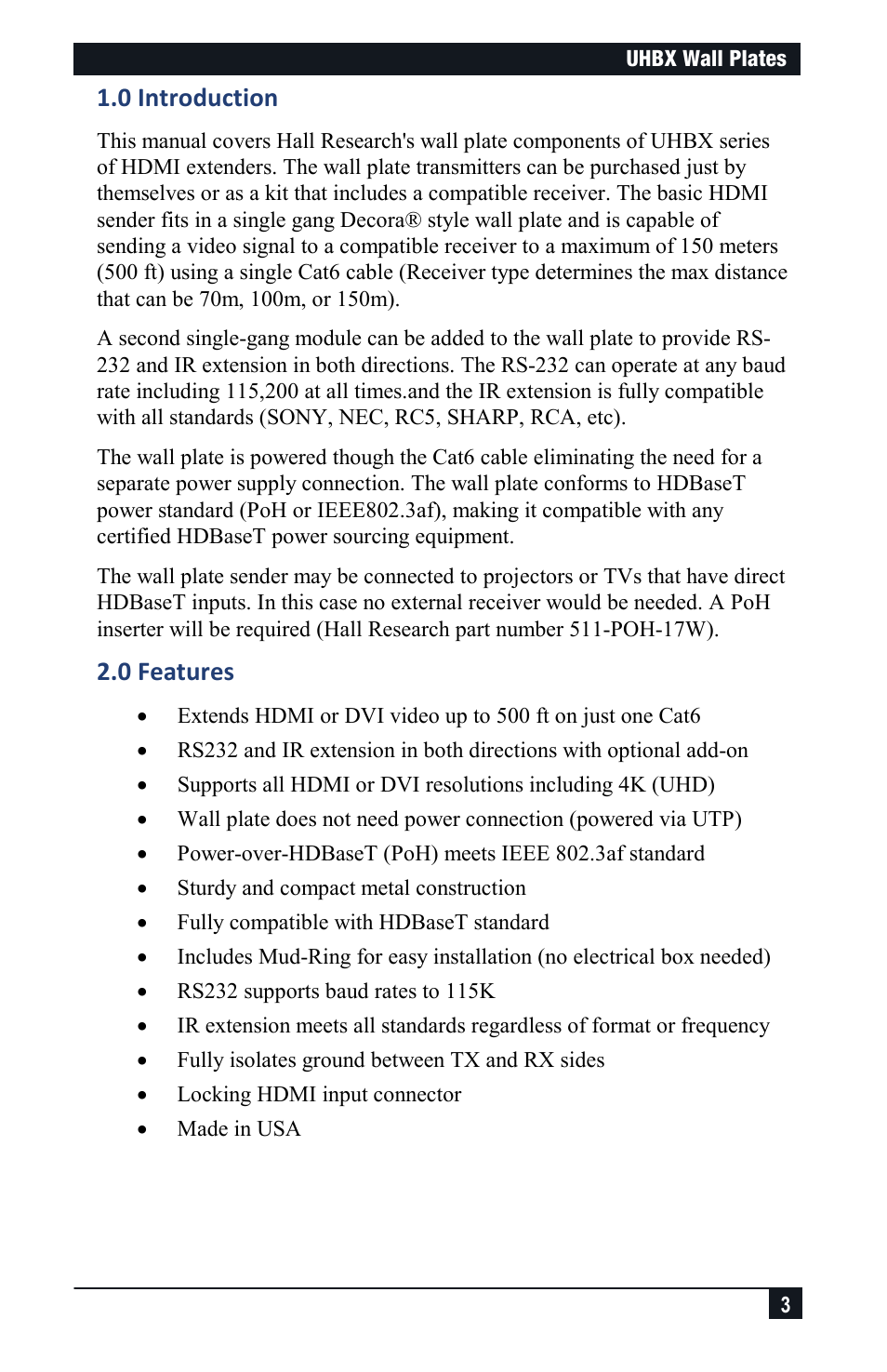 0 introduction, 0 features | Hall Research UHCOM-WP User Manual | Page 3 / 12