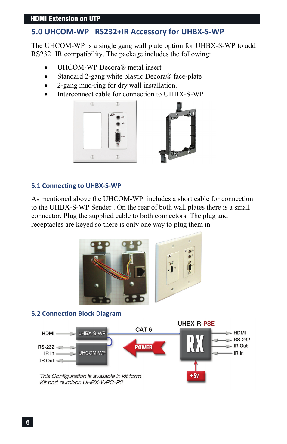 0 uhcom-wp rs232+ir accessory for uhbx-s-wp, 1 connecting to uhbx-s-wp, 2 connection block diagram | Hall Research UHCOM-WP User Manual | Page 6 / 12