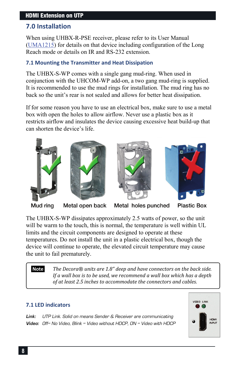 0 installation, 1 mounting the transmitter and heat dissipation, 1 led indicators | Hall Research UHCOM-WP User Manual | Page 8 / 12