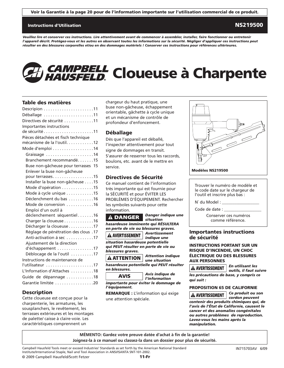 Cloueuse à charpente | Campbell Hausfeld IN715703AV User Manual | Page 11 / 32