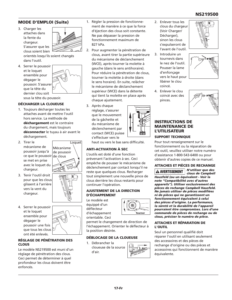 Instructions de maintenance de l’utilisateur, Mode d’emploi (suite) | Campbell Hausfeld IN715703AV User Manual | Page 17 / 32