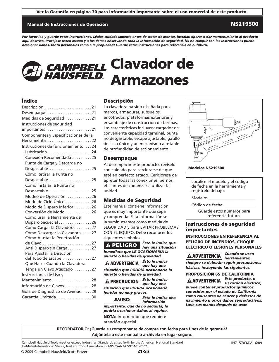 Clavador de armazones | Campbell Hausfeld IN715703AV User Manual | Page 21 / 32