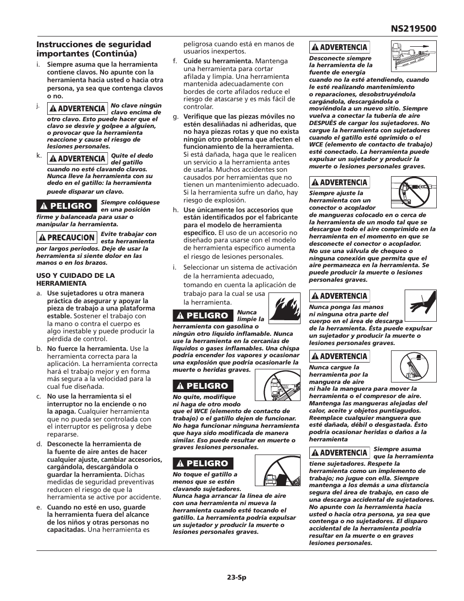 Instrucciones de seguridad importantes (continúa) | Campbell Hausfeld IN715703AV User Manual | Page 23 / 32