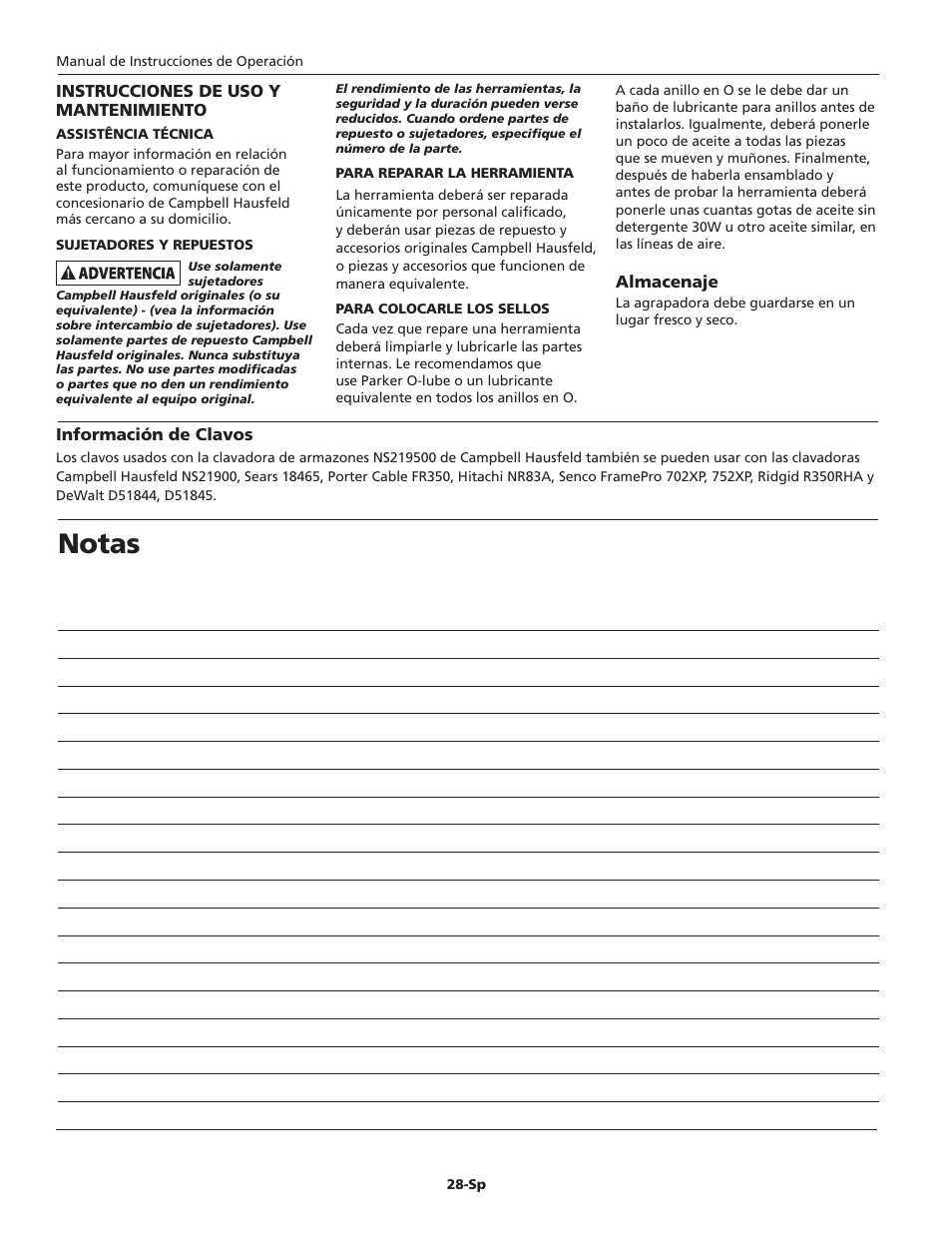 Notas | Campbell Hausfeld IN715703AV User Manual | Page 28 / 32