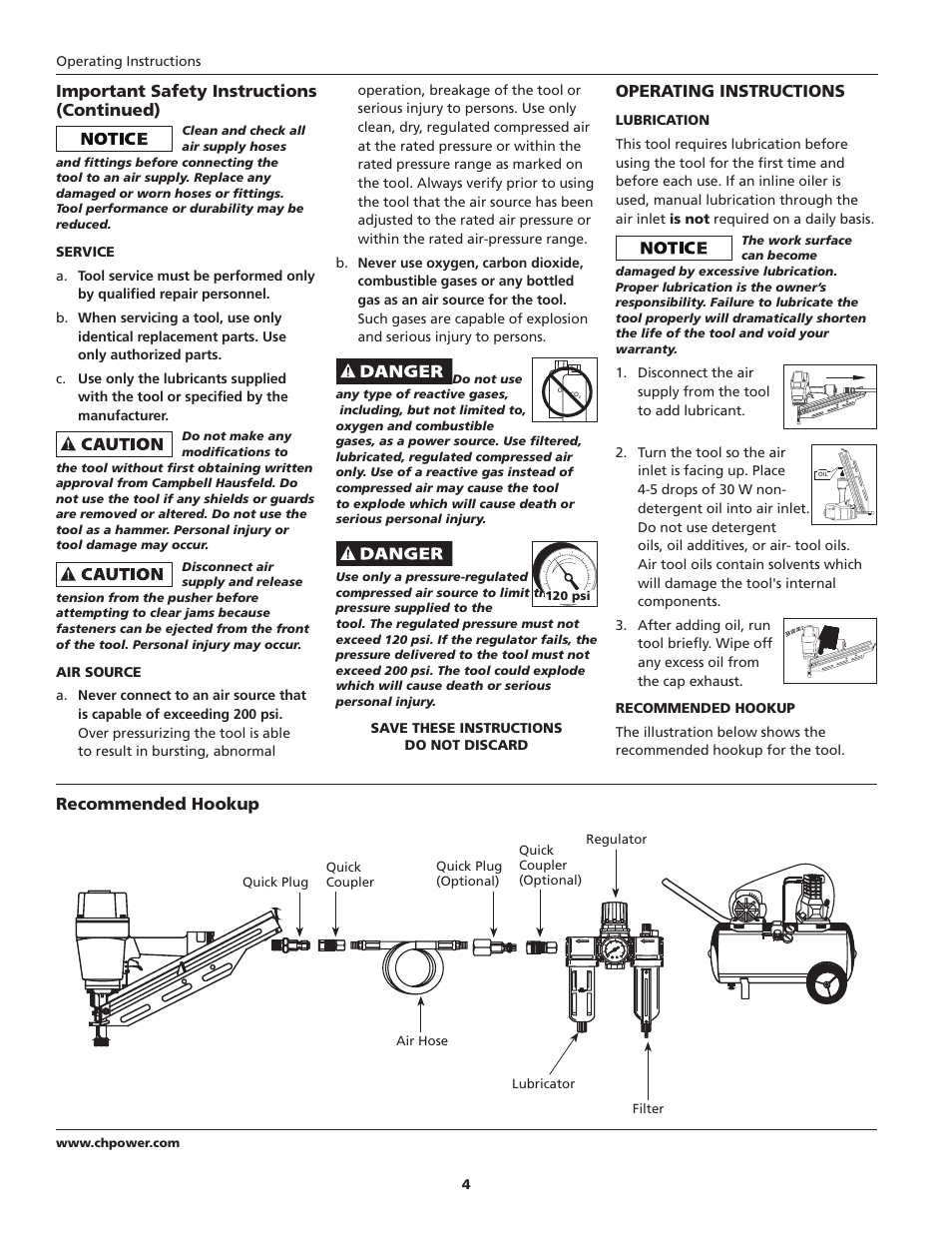 Important safety instructions (continued), Operating instructions, Recommended hookup | Campbell Hausfeld IN715703AV User Manual | Page 4 / 32