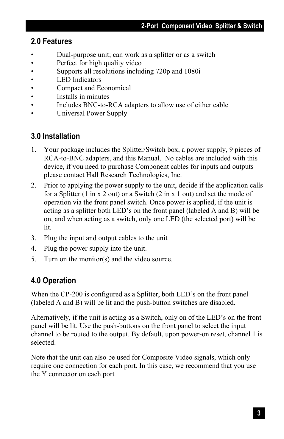 0 features, 0 installation, 0 operation | Hall Research CP200 User Manual | Page 3 / 4