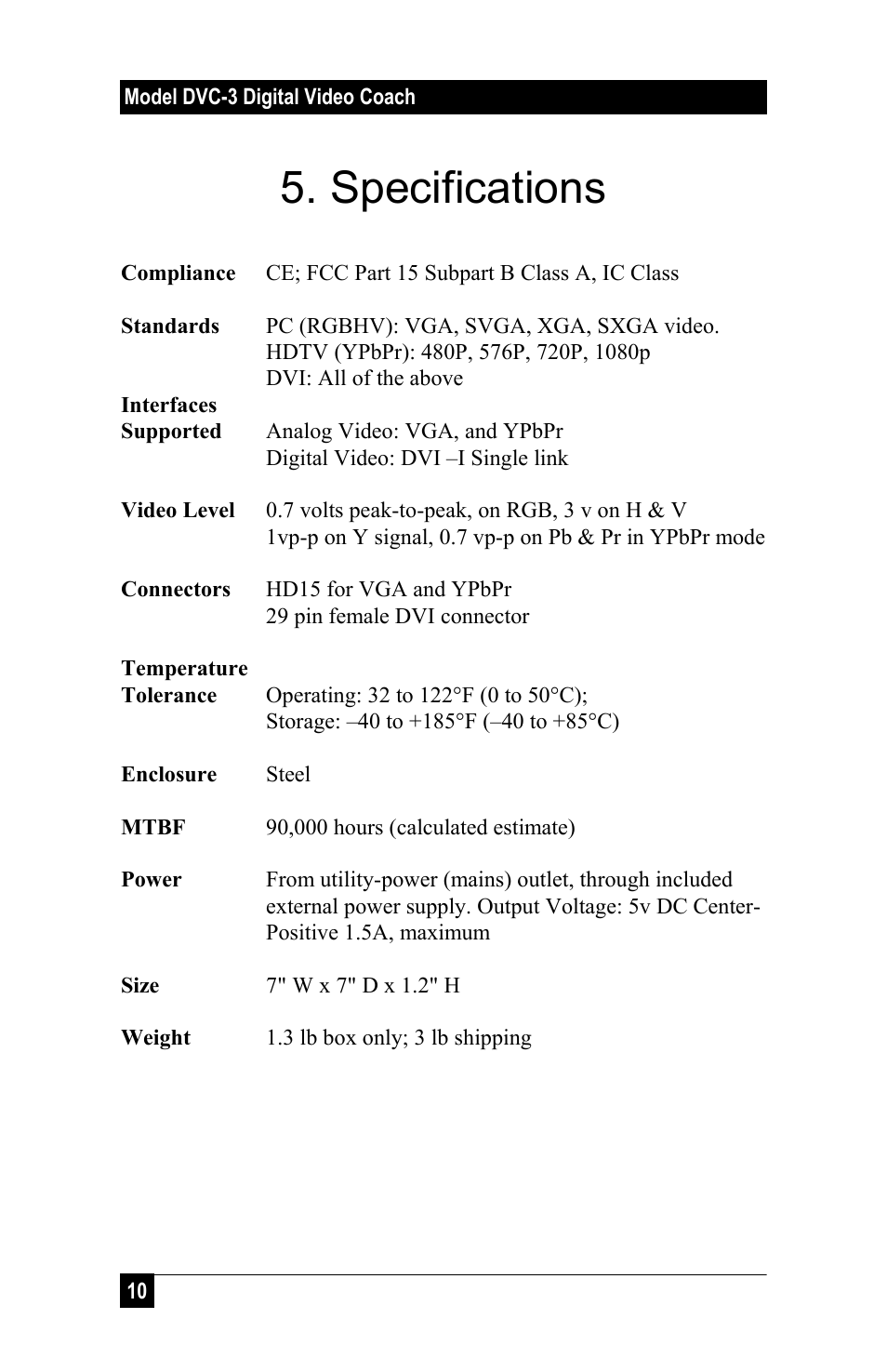 Specifications | Hall Research DVC-3 User Manual | Page 12 / 16