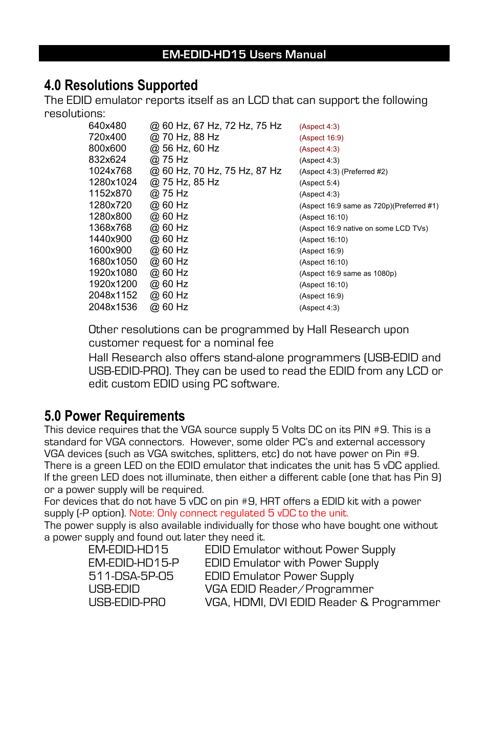 0 resolutions supported, 0 power requirements, Em-edid-hd15 users manual | Hall Research EM-EDID-HD15-P User Manual | Page 2 / 2