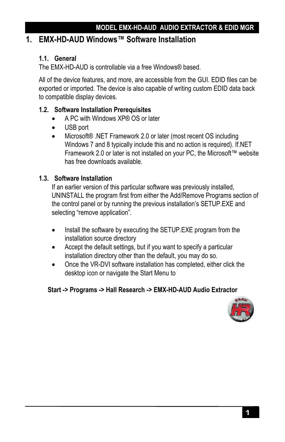 Emx-hd-aud windows™ software installation | Hall Research EMX-HD-AUD User Manual | Page 3 / 12