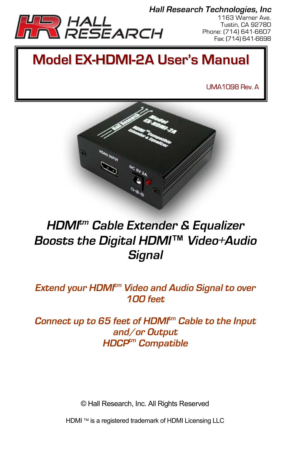 Hall Research EX-HDMI-2A User Manual | 2 pages