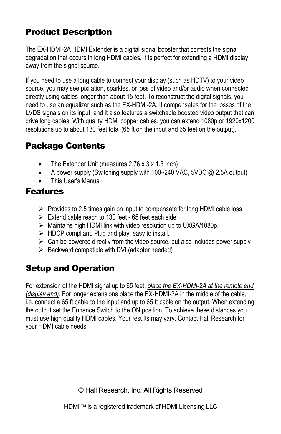 Product description, Package contents, Features | Setup and operation | Hall Research EX-HDMI-2A User Manual | Page 2 / 2