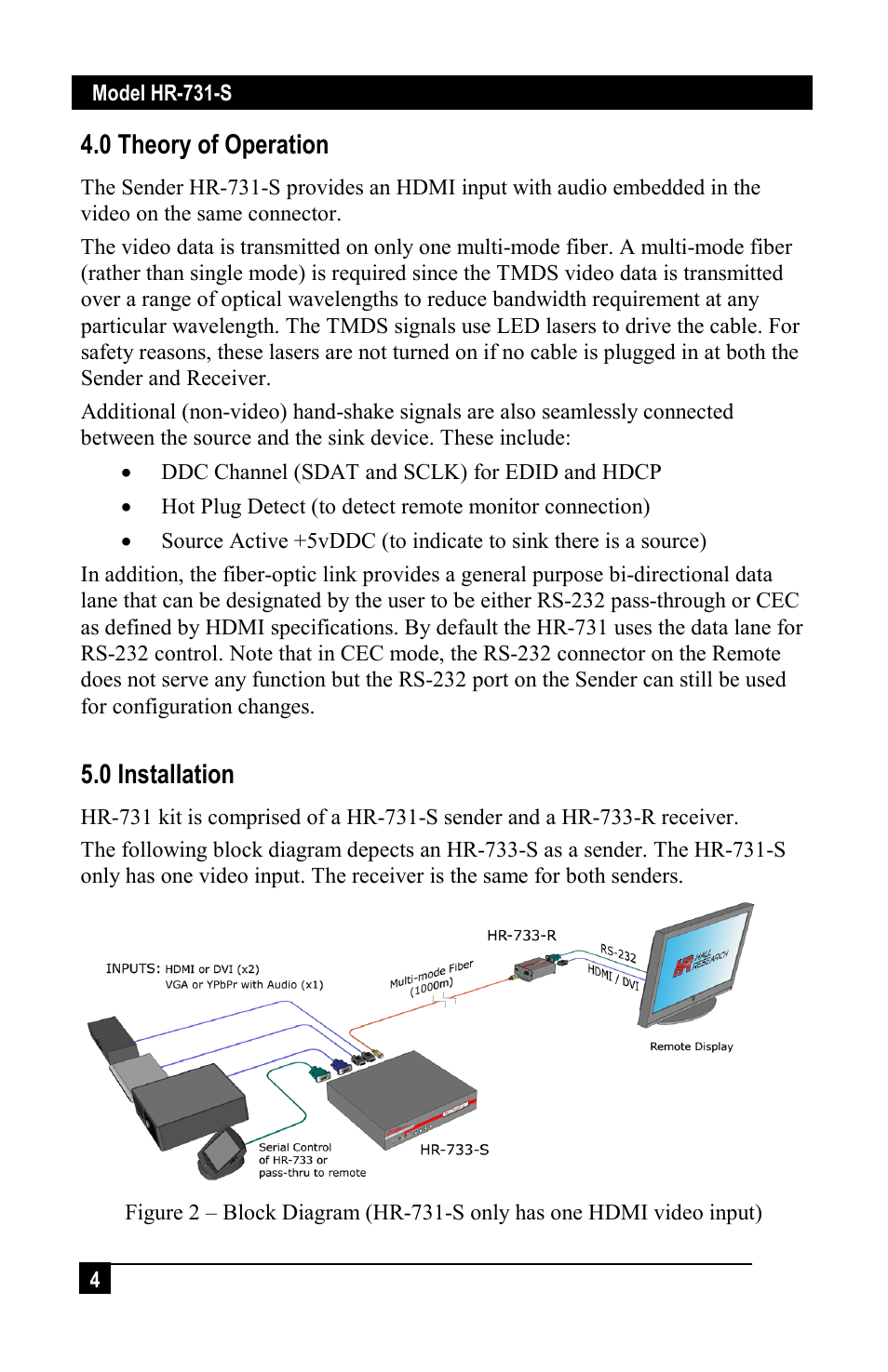 0 theory of operation, 0 installation, 1 required cables | Hall Research HR-731-S User Manual | Page 6 / 13