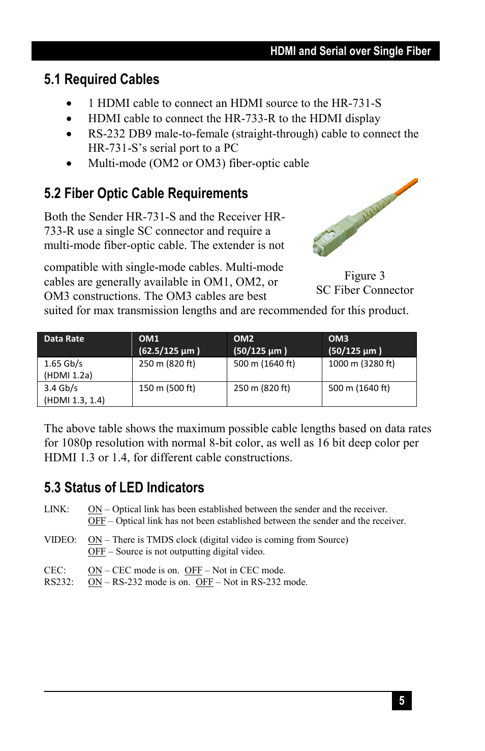 2 fiber optic cable requirements, 3 status of led indicators, 1 required cables | Hall Research HR-731-S User Manual | Page 7 / 13