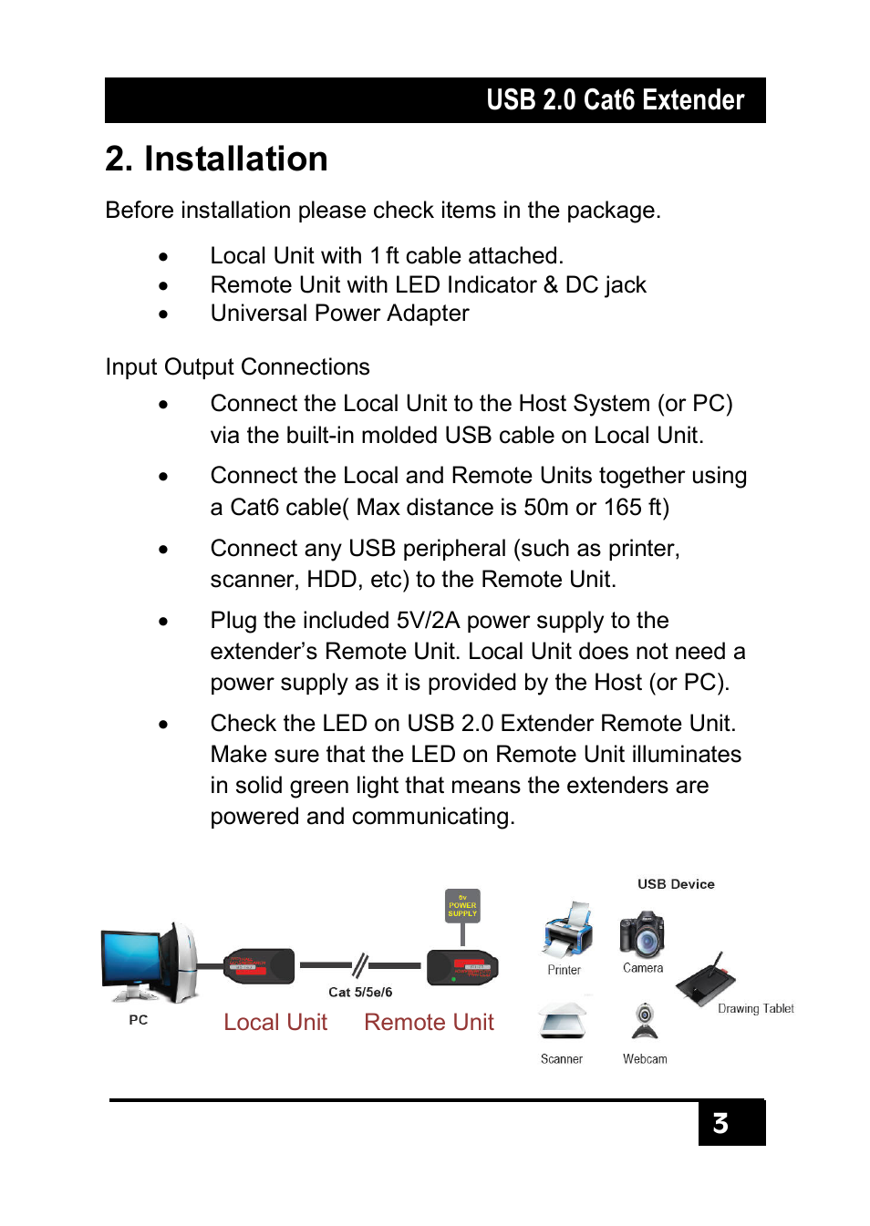 Installation, Usb 2.0 cat6 extender | Hall Research U2-160 User Manual | Page 5 / 8