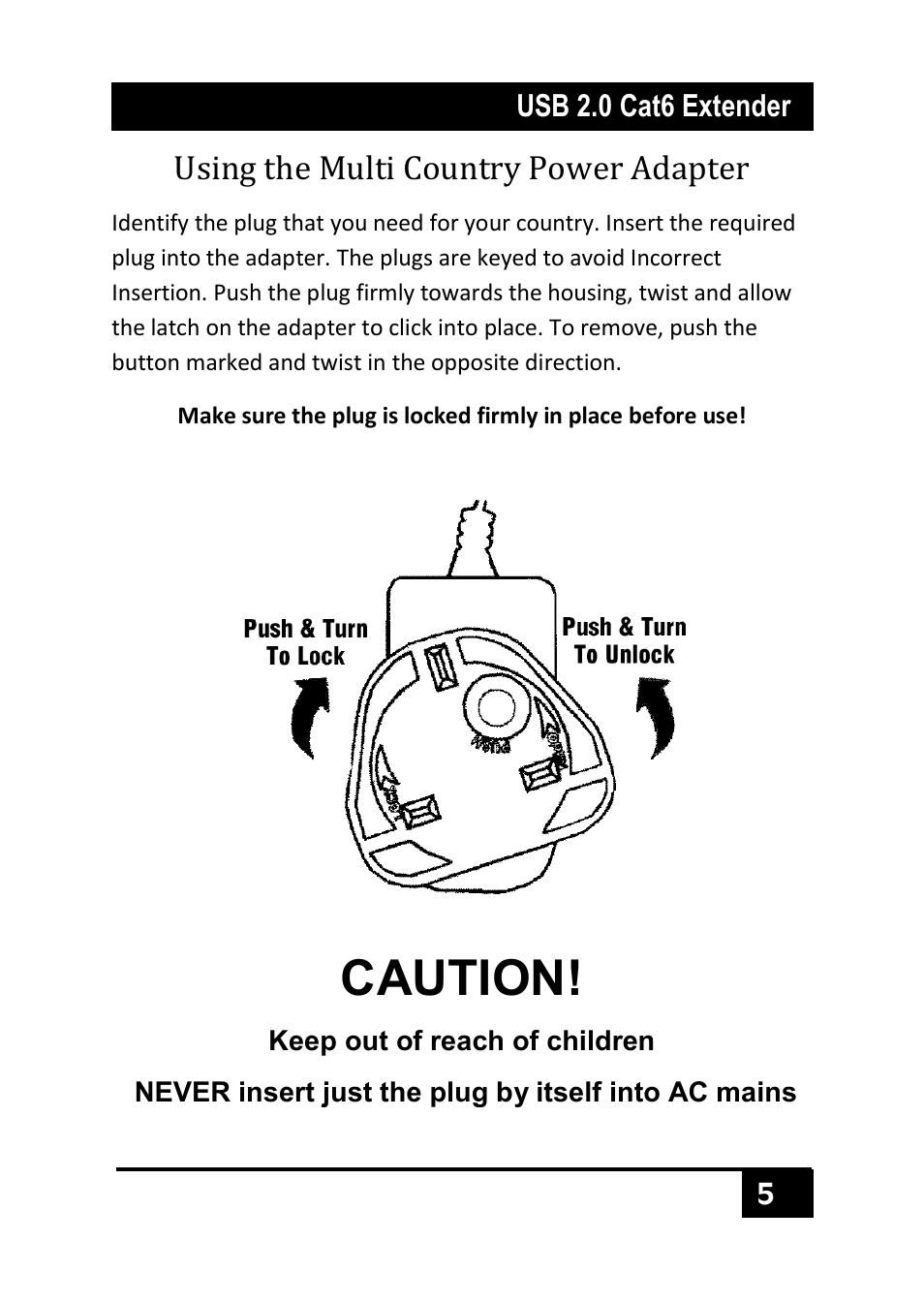 Using the multi country power adapter, Caution | Hall Research U2-160 User Manual | Page 7 / 8