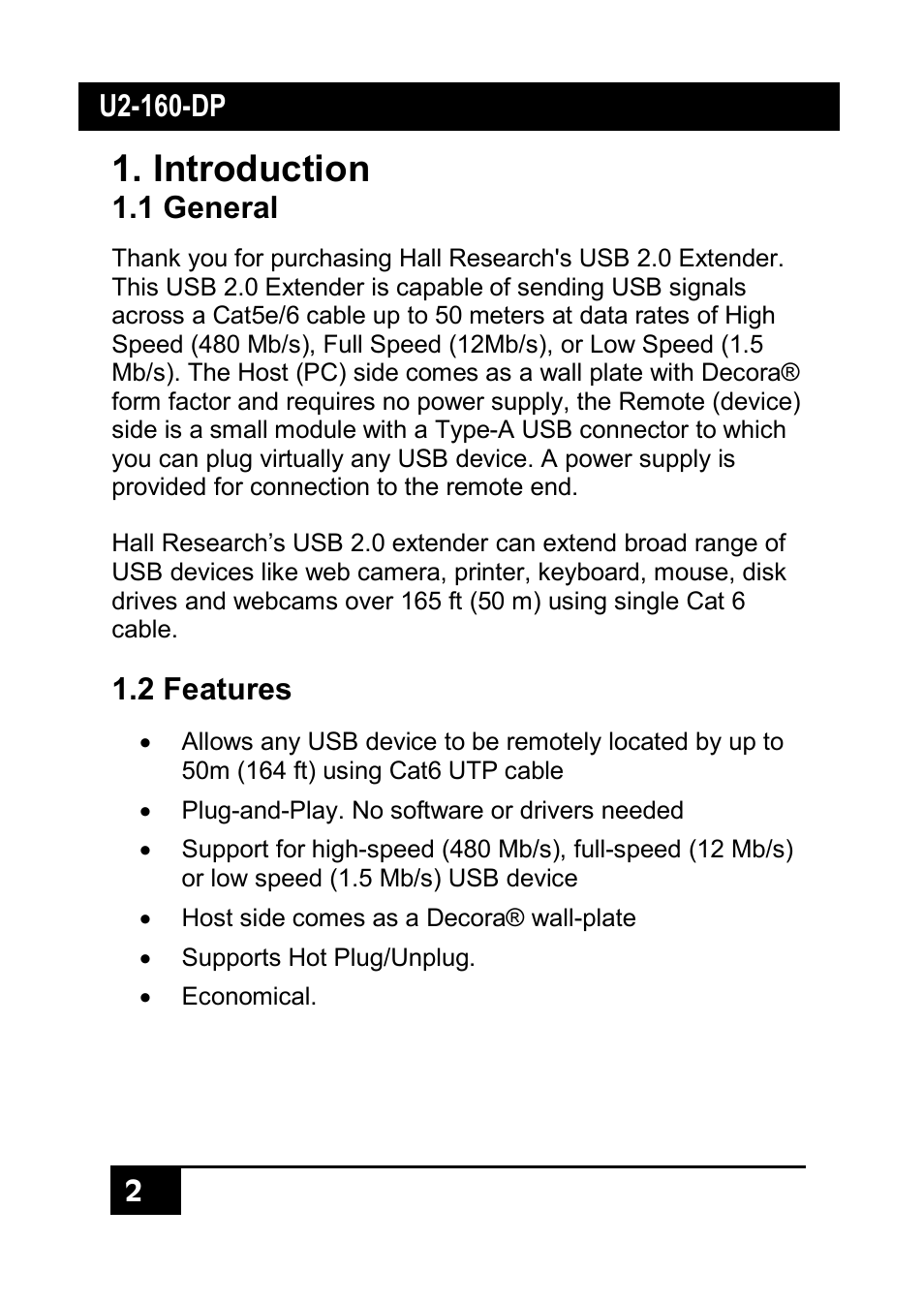 Introduction, 1 general, 2 features | Hall Research U2-160-DP User Manual | Page 4 / 8