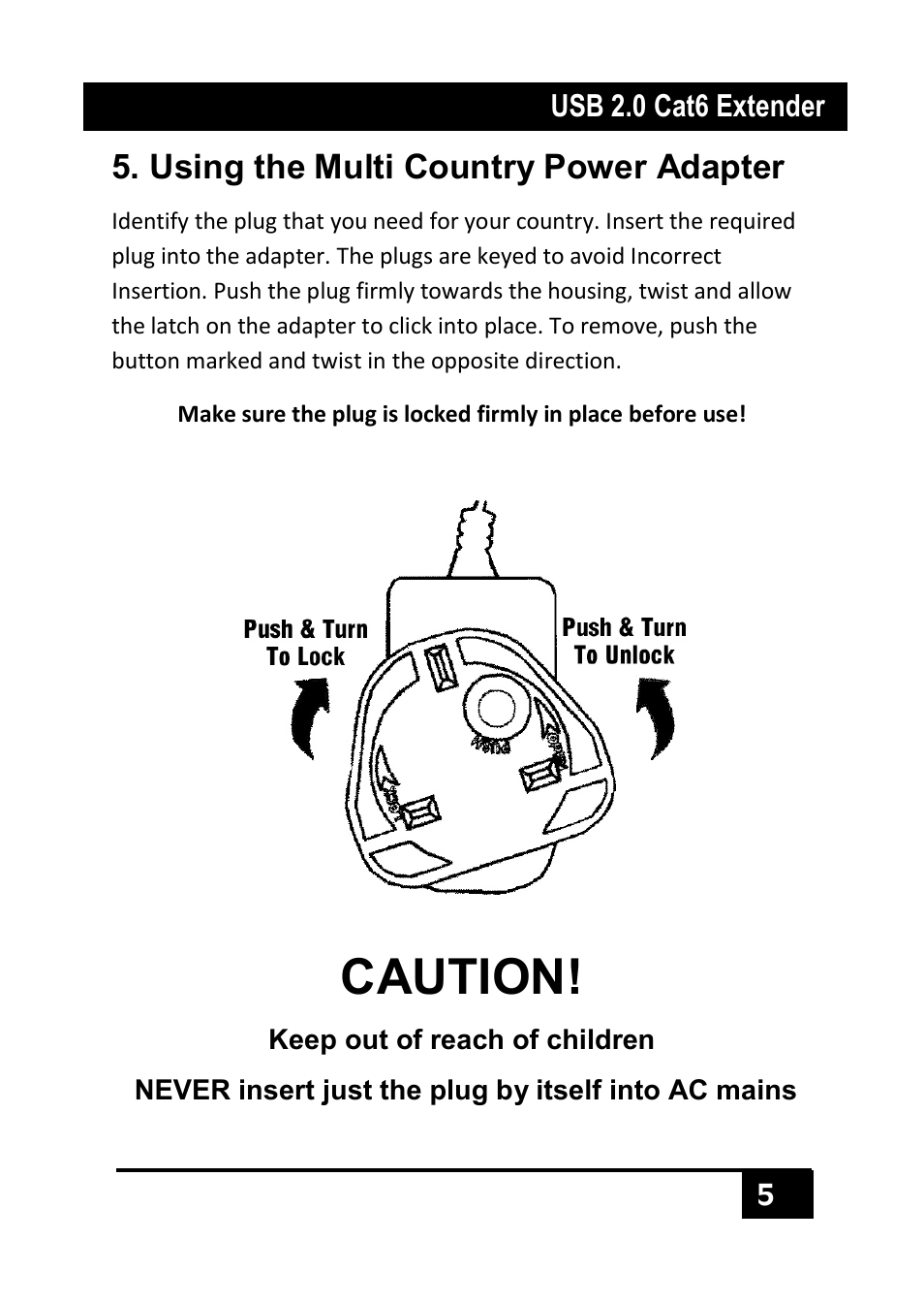 Using the multi country power adapter, Caution | Hall Research U2-160-DP User Manual | Page 7 / 8